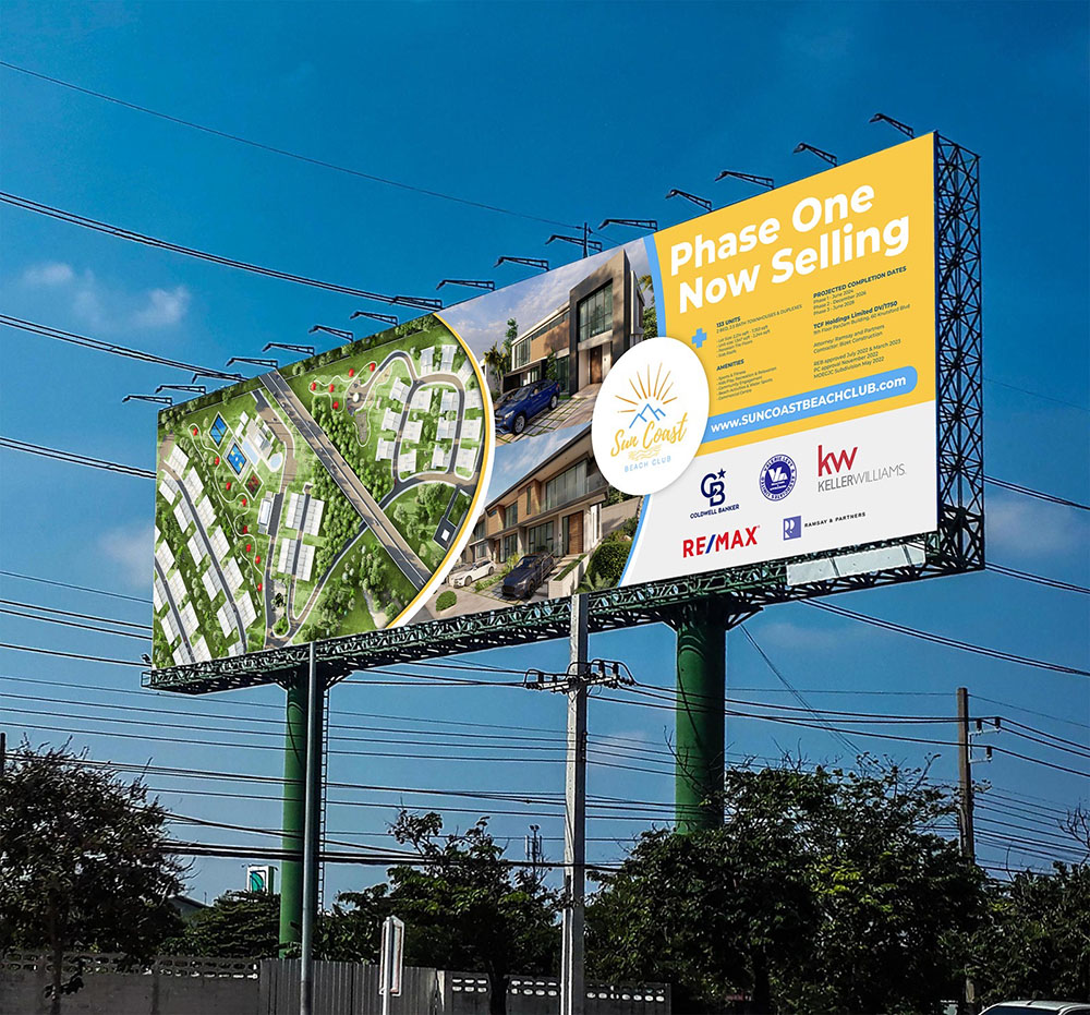 Graphic design portfolio featuring Sun Coast Beach Club billboard design