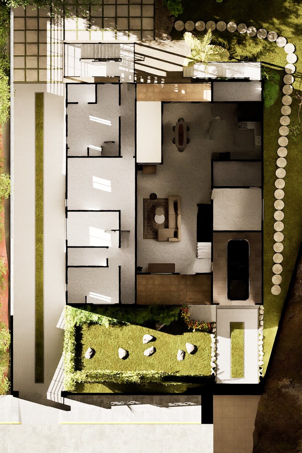 Top-down rendered first-floor layout study